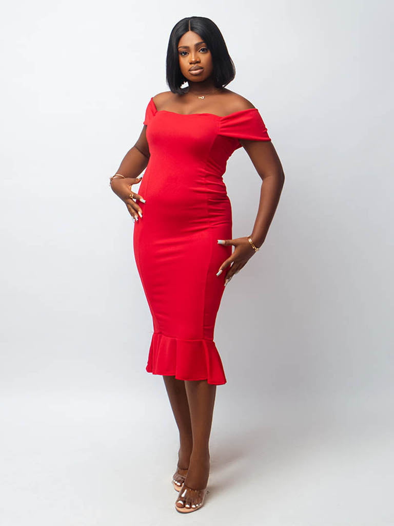 Red Bardot Frill Hem Dress