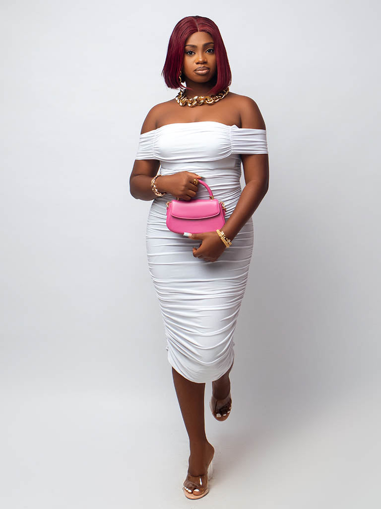 Off Shoulder White Ruched Midi Dress