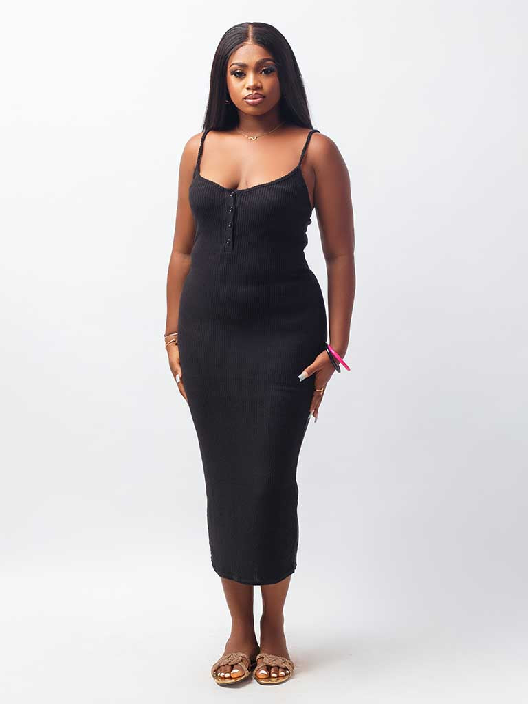 Black Soft Ribbed Front Dress