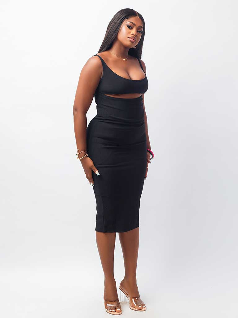 Black Bandage Rib Cut Midi Dress