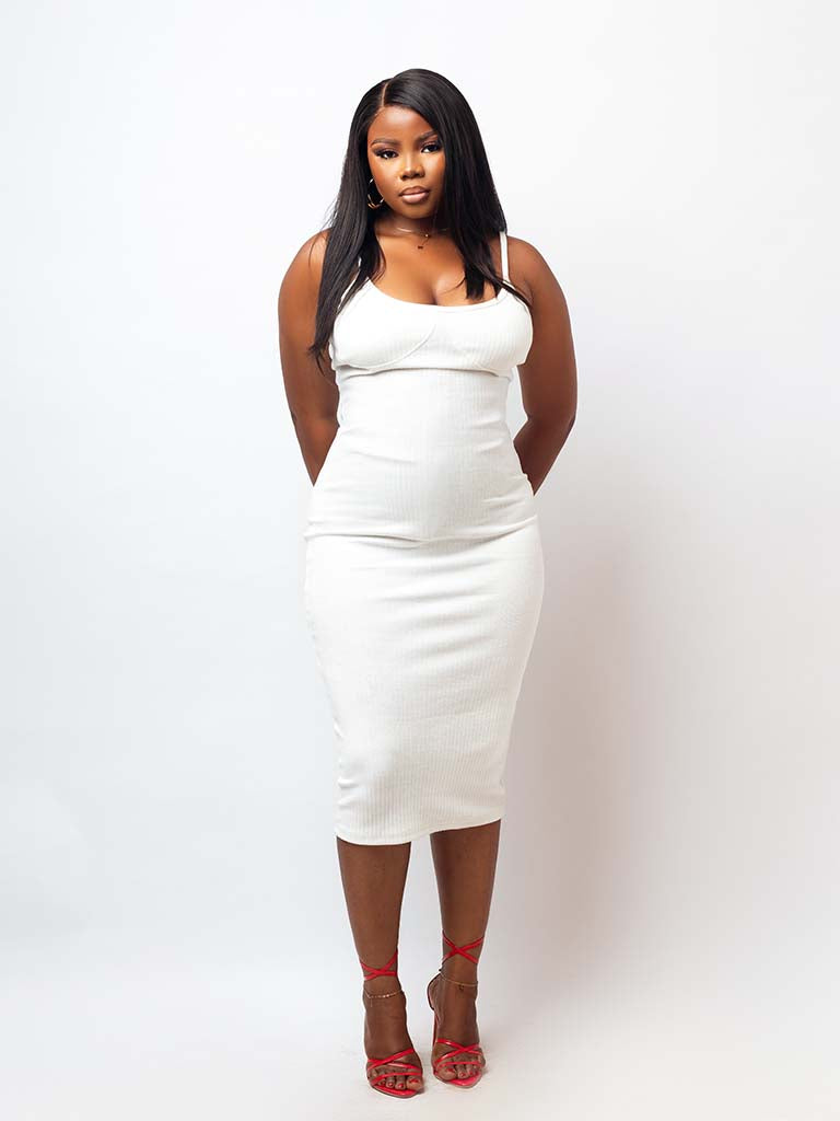 Shape Cream Thick Rib Cup Detail Midi Dress