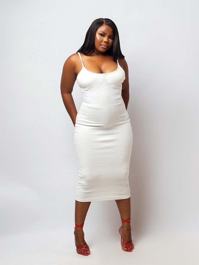 Shape Cream Thick Rib Cup Detail Midi Dress