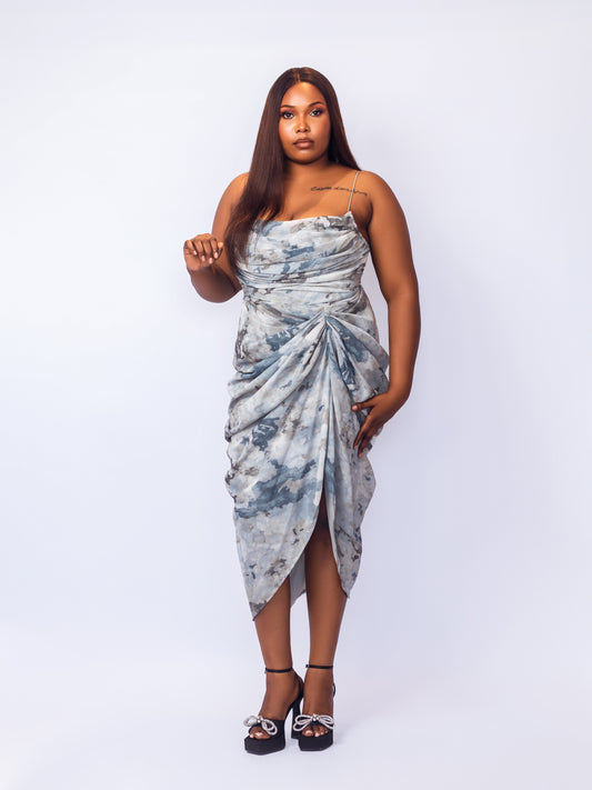 Grey Abstract Print Ruched Midaxi Dress