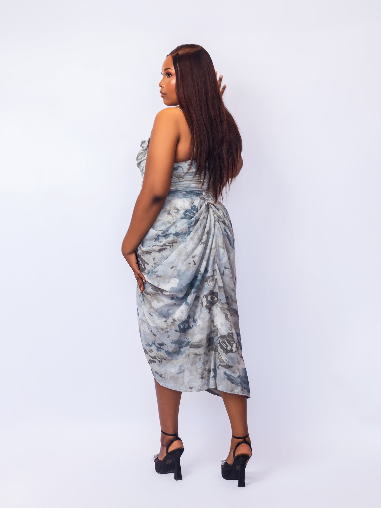 Grey Abstract Print Ruched Midaxi Dress