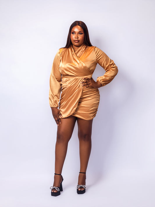 Satin Wrap Front Gold Detail Dress