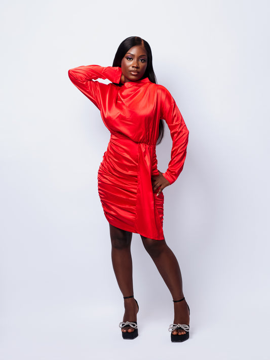 Satin High Neck Ruched Red Bodycon Dress