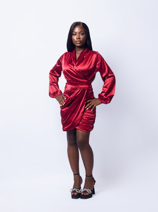 Satin Wrap Front Burgundy Dress