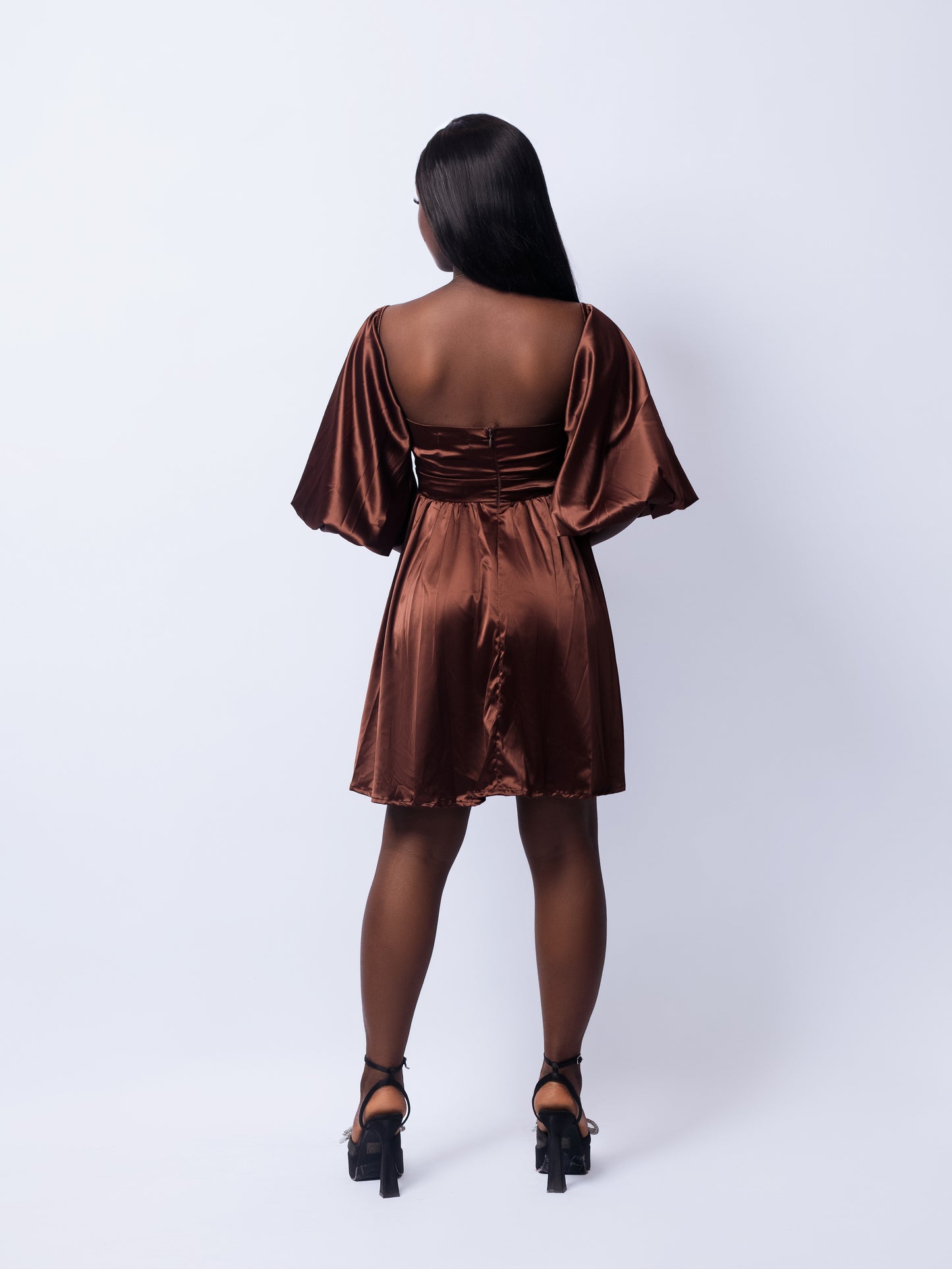 Satin Bardot Puff Sleeve Chocolate Dress