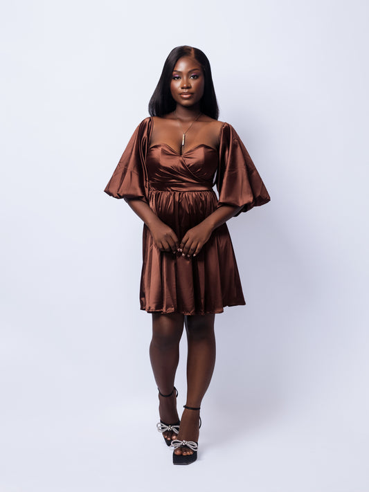 Satin Bardot Puff Sleeve Chocolate Dress