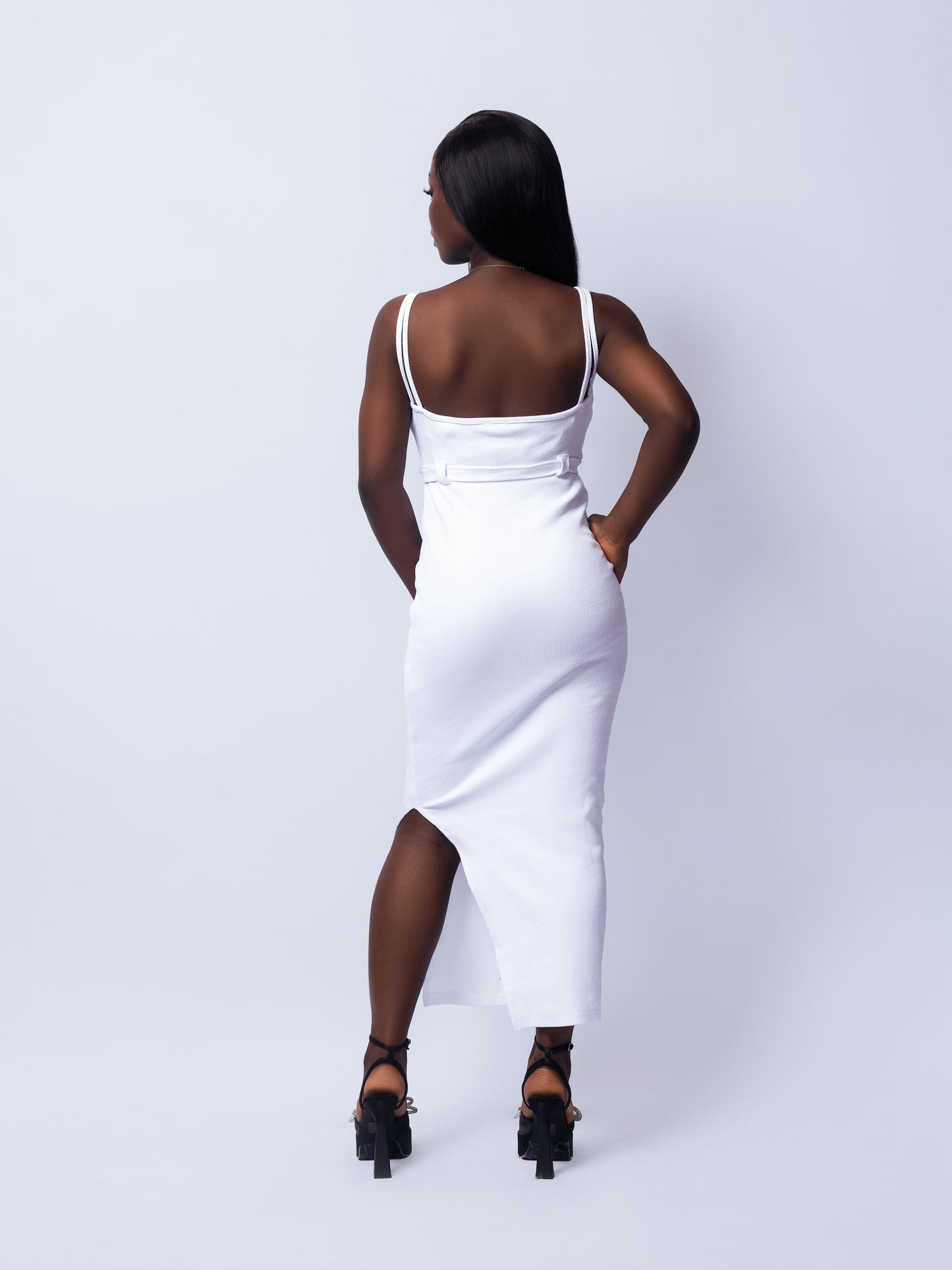 White Ribbed Tie Waist Strappy Midaxi Dress