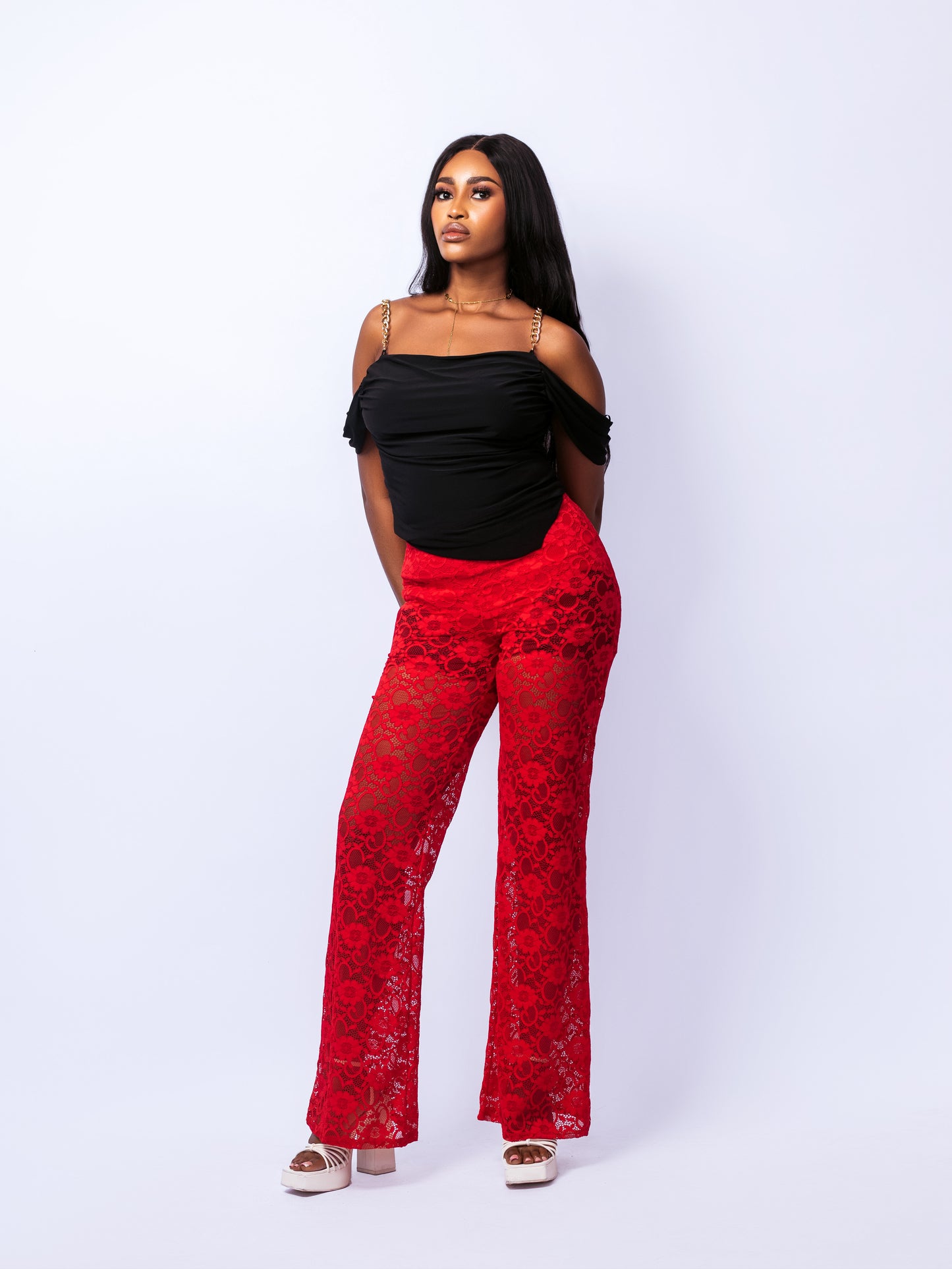 Red Lace Frill Hem Trousers