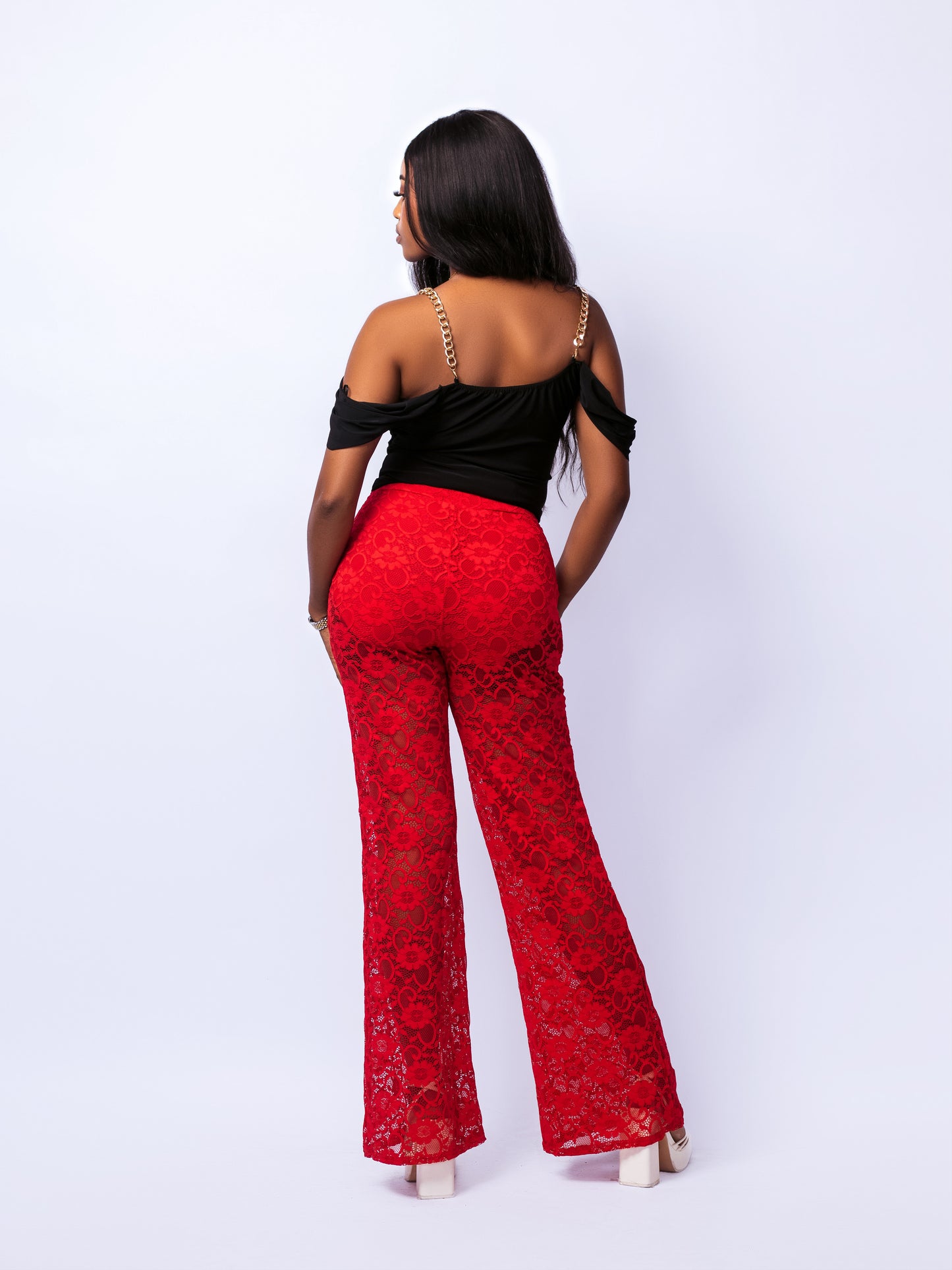 Red Lace Frill Hem Trousers