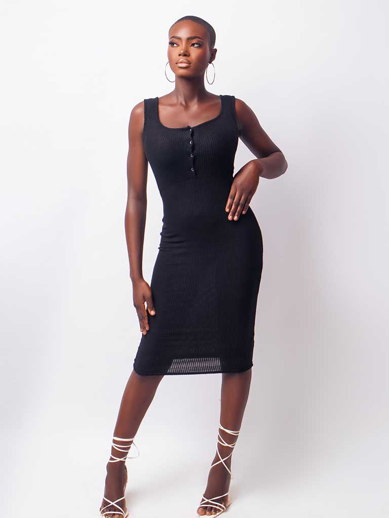 Black Brushed Rib Popper Dress