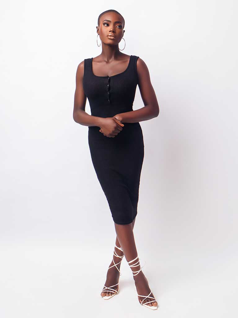 Black Brushed Rib Popper Dress