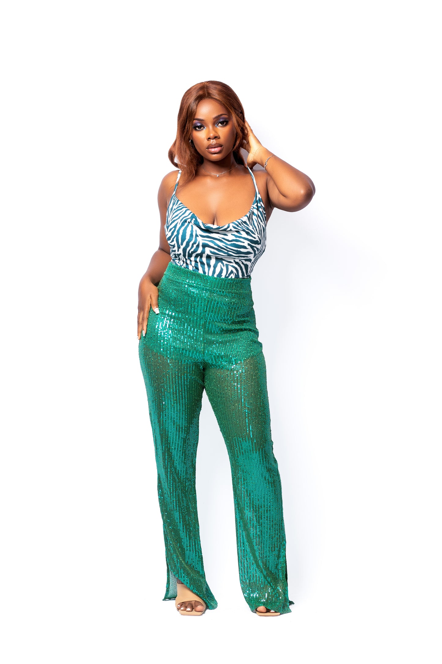 Green Sequin Hem Trousers