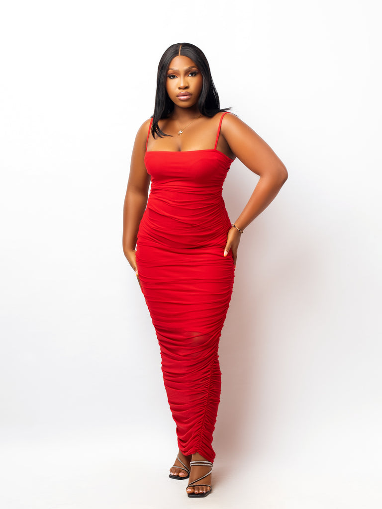 Red Strappy Mesh Ruched Midaxi Dress